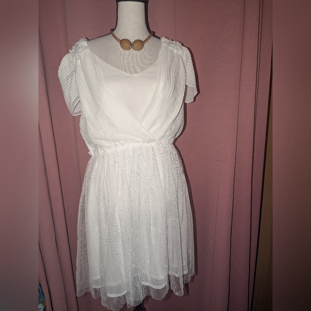 JANET PARIS Pleated Lace Dress with Tulle Overlay Large